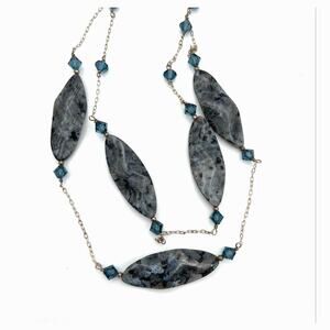 Larvikite Stone Necklace Two Strand Blue Glass Faceted Beads Silver Tone 24"